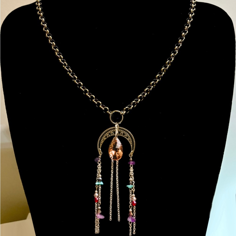 NEW Boho Silver Moon Statement Pendant Necklace Chain Celestial Summer & Beyond